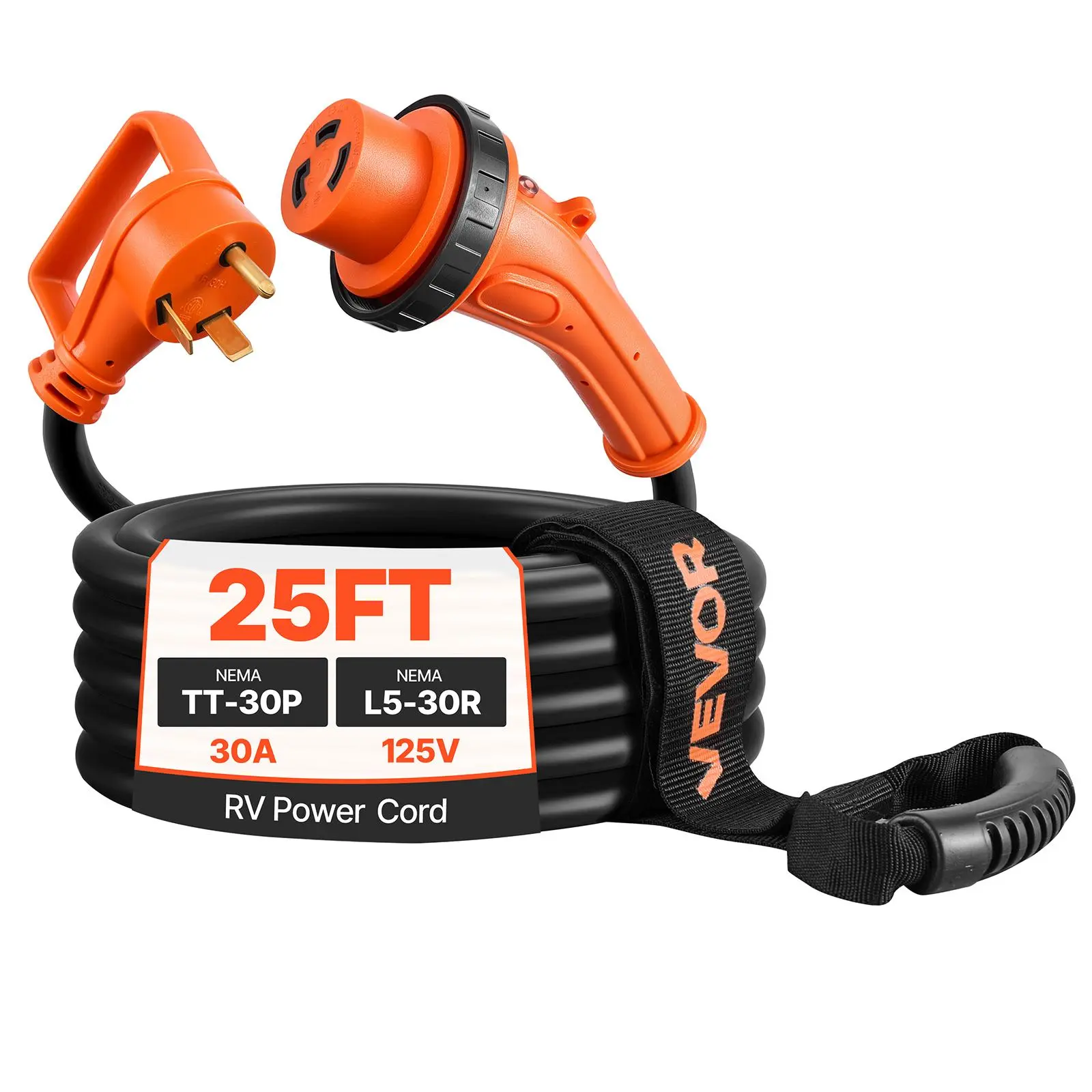 【summerfinds】VEVOR 30 Amp 25 Feet RV Power Cord, 125V 3750W, Heavy Duty 10/3 Gauge STW Generator Cord, NEMA TT-30P to NEMA L5-30R, with Twist Lock, Indicator Light, Grip Handle, 15A Adapter, for RV Trailer, Black