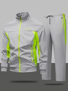 Men's Knit Jacket Top and Casual Pants Set, Stand Collar Colorblock Letter Print, Fashion Sportswear, Athletic Fashion Activewear, Sporty Style Clothes, Workout Sets, All Seasons