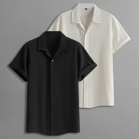 Men's 2-Pack Casual Short-Sleeve Menswear Shirts, Plain Black-Beige Tops with Textured Wrinkle Details, Loose Fit Versatile Summer Apparel