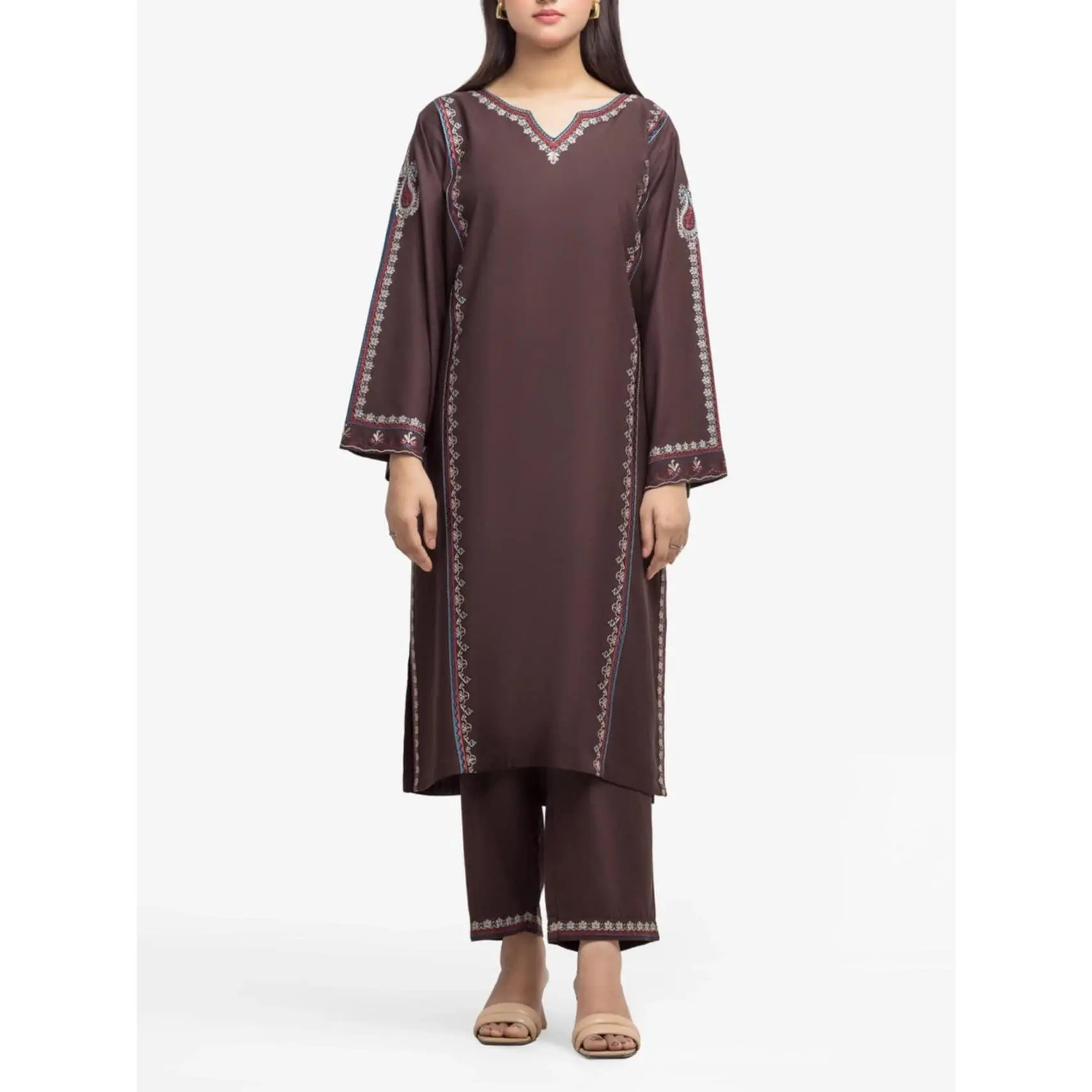 Women's Edenrobe 2-Piece Modest Solid Chocolate Embroidered Marina Twill Viscose Suit - Long Sleeve Breathable Straight Shirt, Trouser Set, Everyday Elegance Women's Clothes with Comfortable Fabric