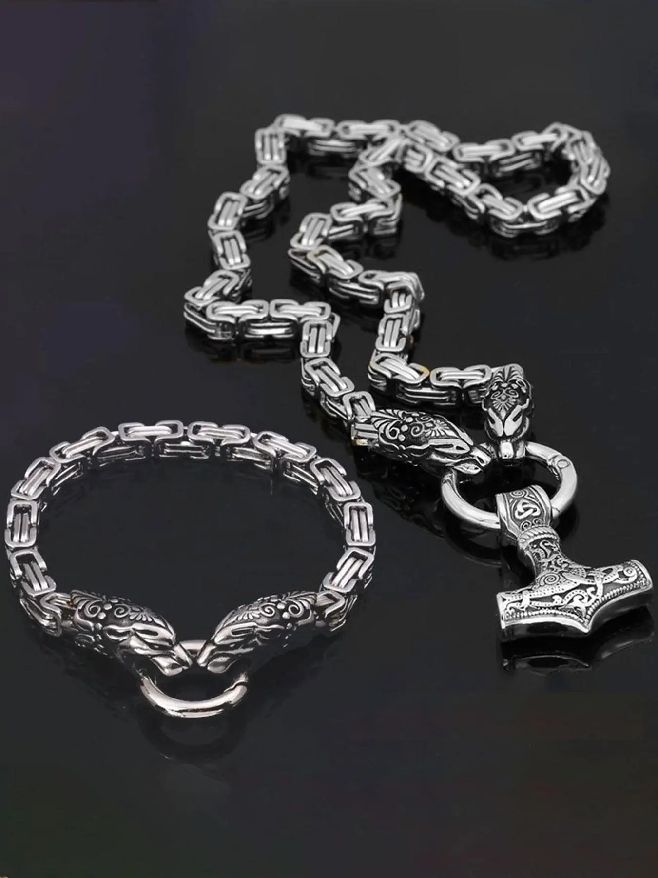 Viking Style Wolf Head Necklace Bracelet Set, Stainless Steel Punk Jewelry, Men Jewelry, Fashionable Jewelry Set, Unisex Party Accessory, High-Quality Gift
