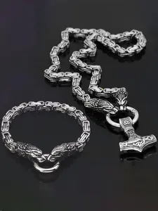 2pcs Vintage Style Fashionable Viking Wolf Head Pendant Necklace & Bracelet Set, Punk Jewelry Set for Party for Both Men & Women