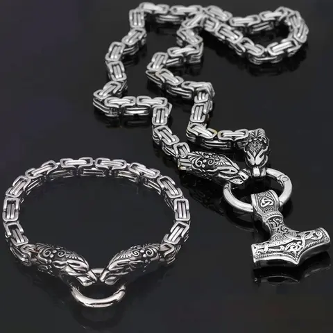 Viking Style Wolf Head Necklace and Bracelet Set, Stainless Steel Punk Jewelry, Men Jewelry, Fashionable, Unisex Party Accessory, High-Quality Gift