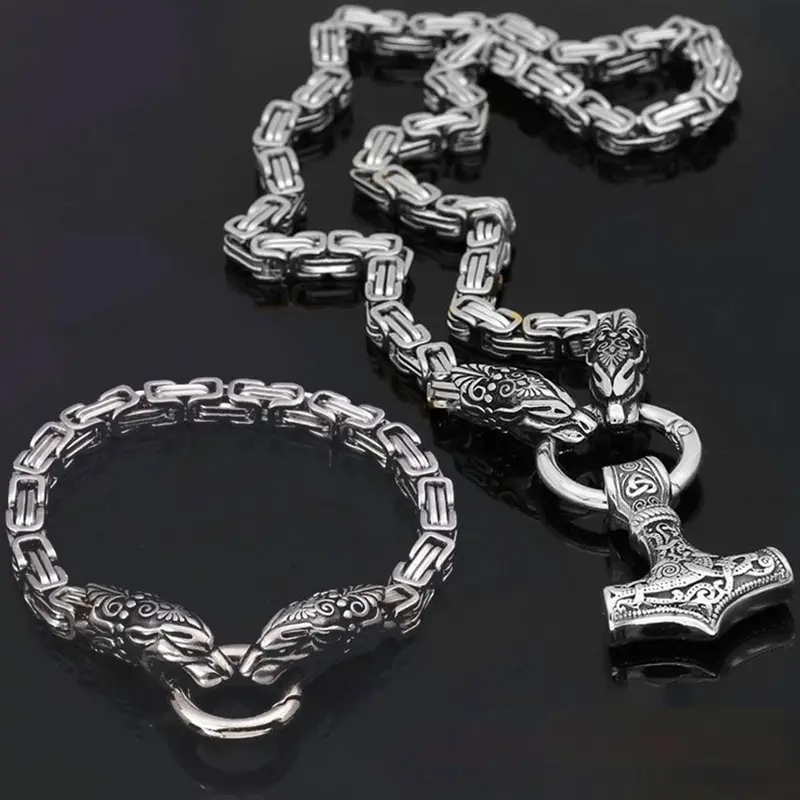 Viking Style Wolf Head Necklace and Bracelet Set, Stainless Steel Punk Jewelry, Men Jewelry, Fashionable, Unisex Party Accessory, High-Quality Gift