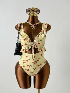 Women's Fashion One-Piece Swimsuit, Cherry Print, Ruffle Design, Ruffle Trim Swimsuit, Casual Style, Fitted, All Seasons, No Ca Prop 65