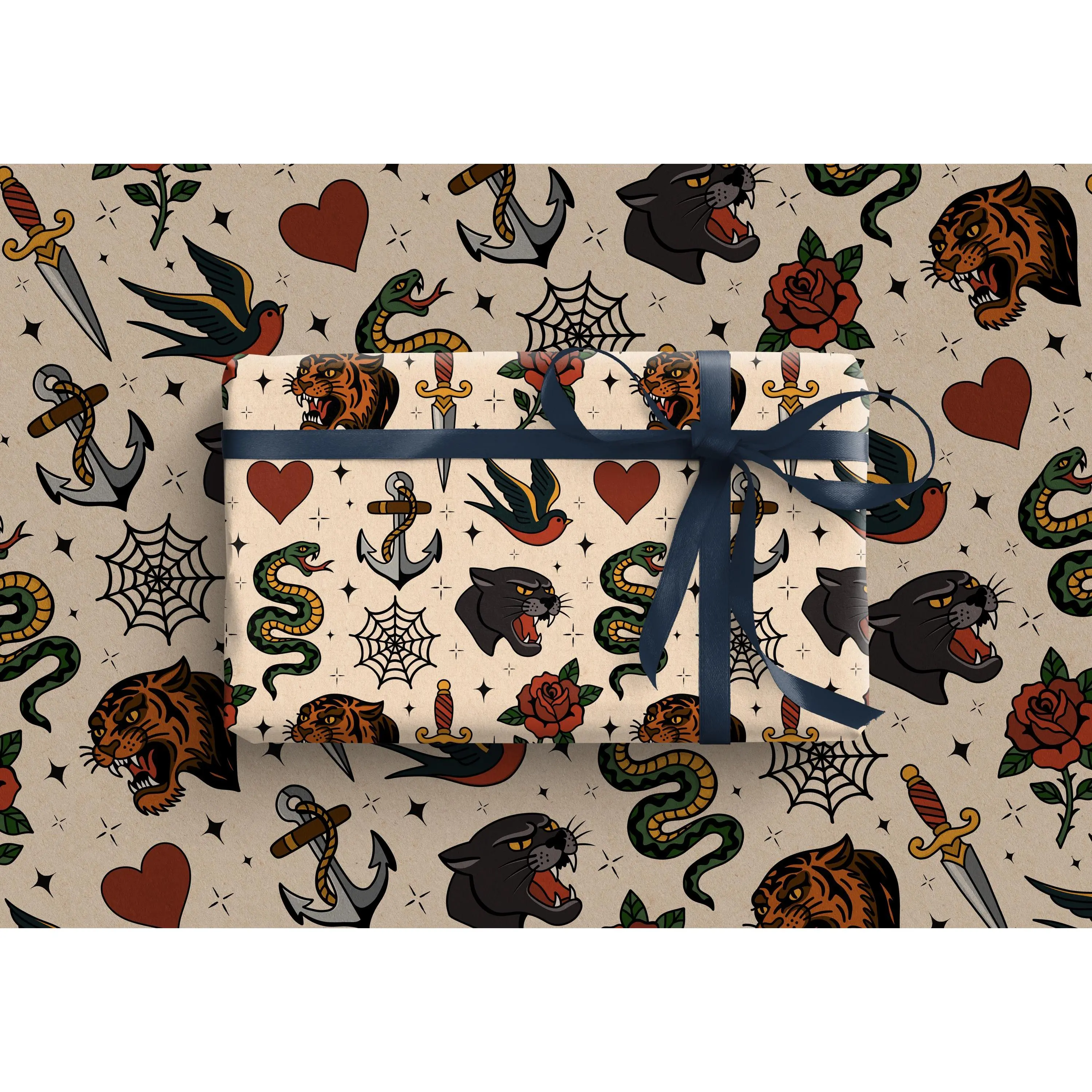 Traditional Tattoo Wrapping Paper | Quirky Gift Wrap | Vintage Flash Tattoo | Birthday Wrapping Paper | Halloween Wrapping Paper