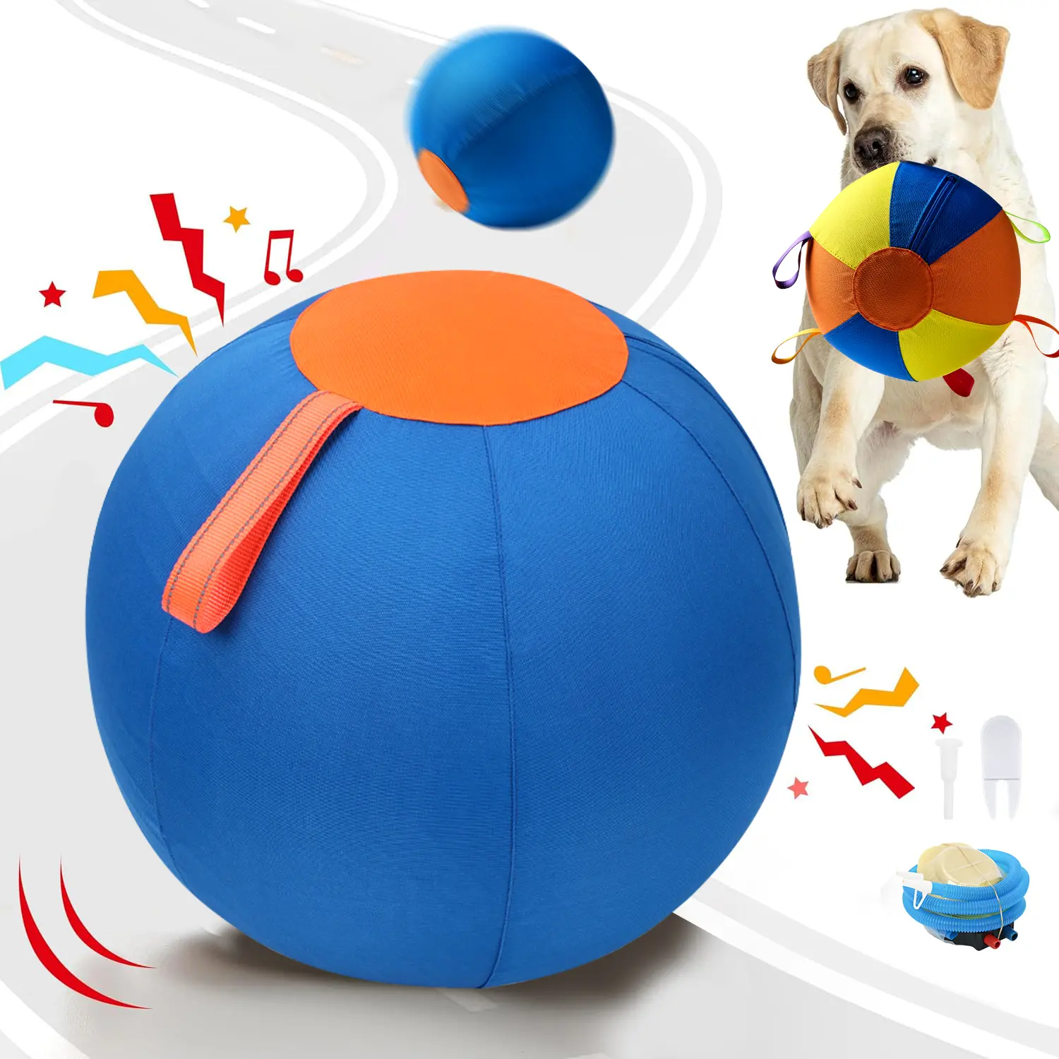 Inflatable Dog Toy Ball for Large& Medium Dogs – Durable Outdoor Training & Fetch Ball, Blue & Orange, 17.7” / 21.7”