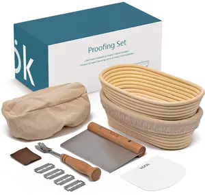 Kook Proofing Set, Sourdough Bread, 2 Rattan 9 Inch Banneton Baskets, 2 Basket Covers, Metal Scraper, Plastic Scraper, Scoring Lame, 5 Blades Bakeware