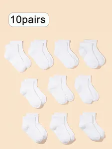 Unisex Kids Solid Color Classic Casual Short Socks, 10 Pairs, Suitable for Daily Home Wear, All Seasons, Plain Pattern