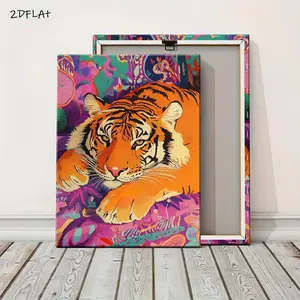 2D Flat, izable Framed Wall Art with Classic Wood Frame - Vintage Tiger Painting on Colorful Fabric - HD Canvas Print for, - ized Picture Frame Service, Sizes Available - Ideal Housewarming Gift, 2D Flat	