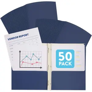 Navy Blue 3 Brad Two Pocket Paper Folders with Prongs, 50 Pack