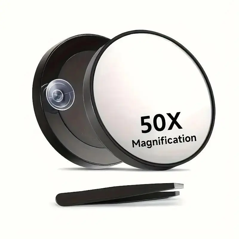 50x magnification makeup table Magnifying Mirror set, with tweezers and suction cups to secure round mirrors, essential for both home and travel (diameter 3.5 inches)