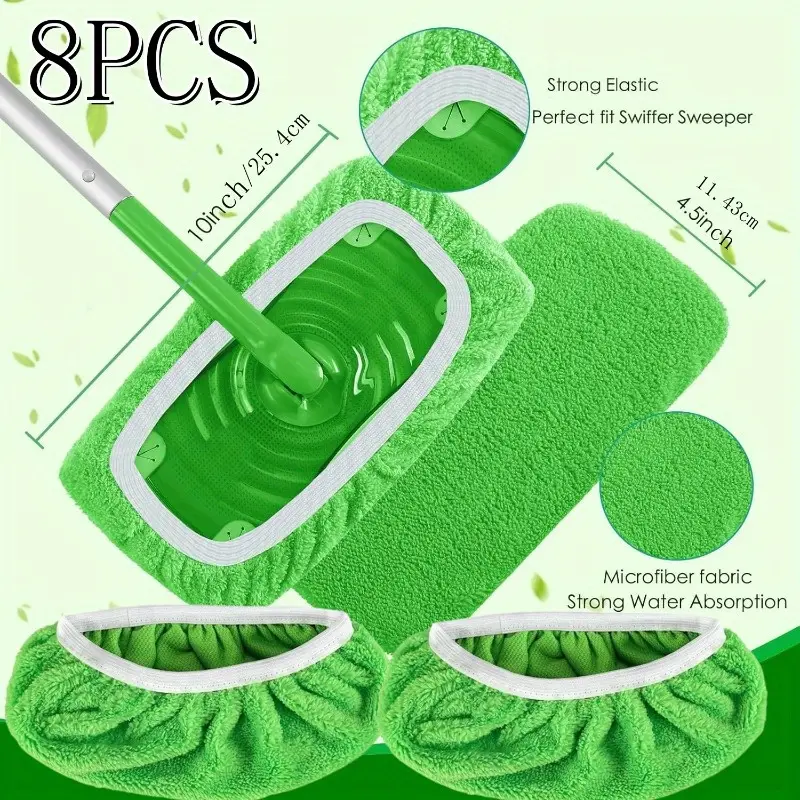Reusable Mop Pads 8 Pack - 10*4.52 Inch Washable Microfiber Pads for Household Cleaning - Compatible with Sweeper Mop & Wet Mopping Cloths - Pet friendly