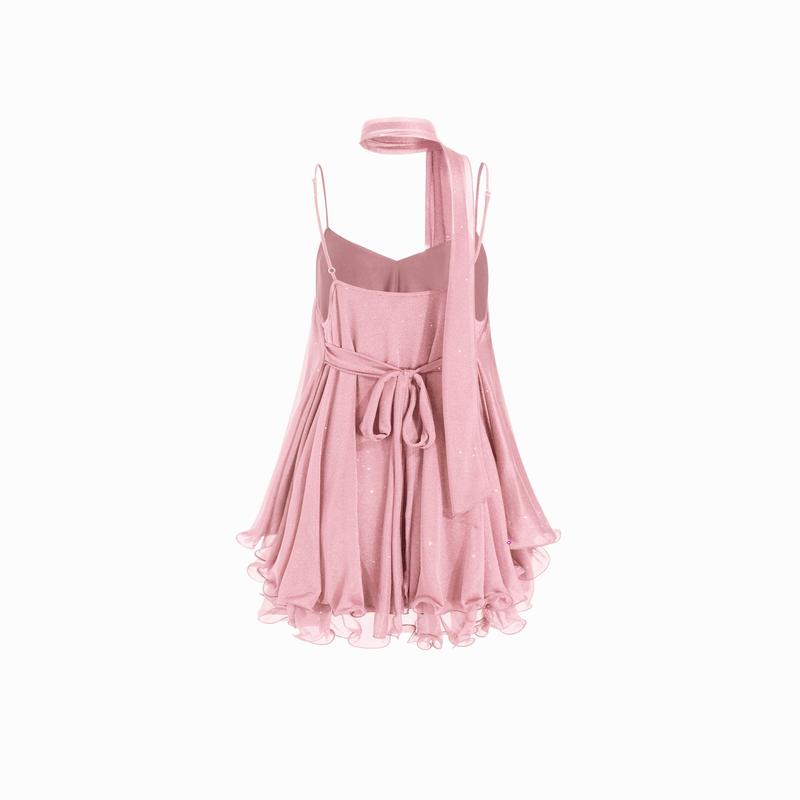 Cider Sequin V-Neck Halter Ruffled Hem Oversized Mini Dress With Scarf