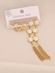 Elegant Long Heart Titanium Steel Dangle Earrings Set, Unique Six-Leaf Flower Ear Jewelry, Stainless Steel Accessories