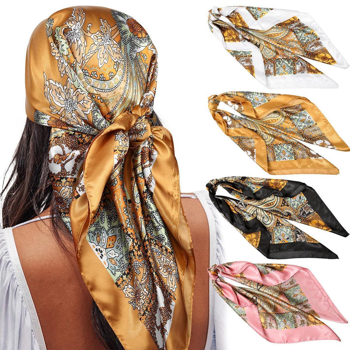 AWAYTR Women's 4-Pack Square Scarves Set - 35" Large Silk-Like Satin Floral Pattern Shawl, Matching Headscarf, Neck Scarf Bandana, Bandana Style Fashion Accessory