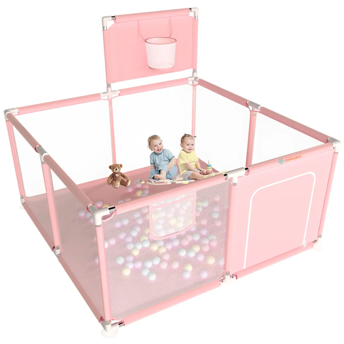 COMOMY Portable Baby Playpen (50.39x50.39x26 inches) - Sturdy Breathable Mesh Playard with Basketball Hoop, Easy Storage Toddler Fence for 6-9 Months, Safe Play Space, Indoor/Outdoor Use, Note: Small Ball Causes Choking Hazard