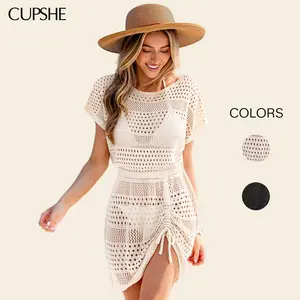CUPSHE TikTokShopSpringGlowUp Side Ruching Boatneck Short Sleeves Knit Cover-Up Mini Dress Swimsuit Coverup Summer Beach Outfits Resort Wear Womensfashion