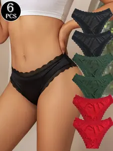 Sexy Silky Satin Lace Trim Panties Comfortable Fit Lightweight Breathable Everyday Women Underwear for Daily Use 6 Pack