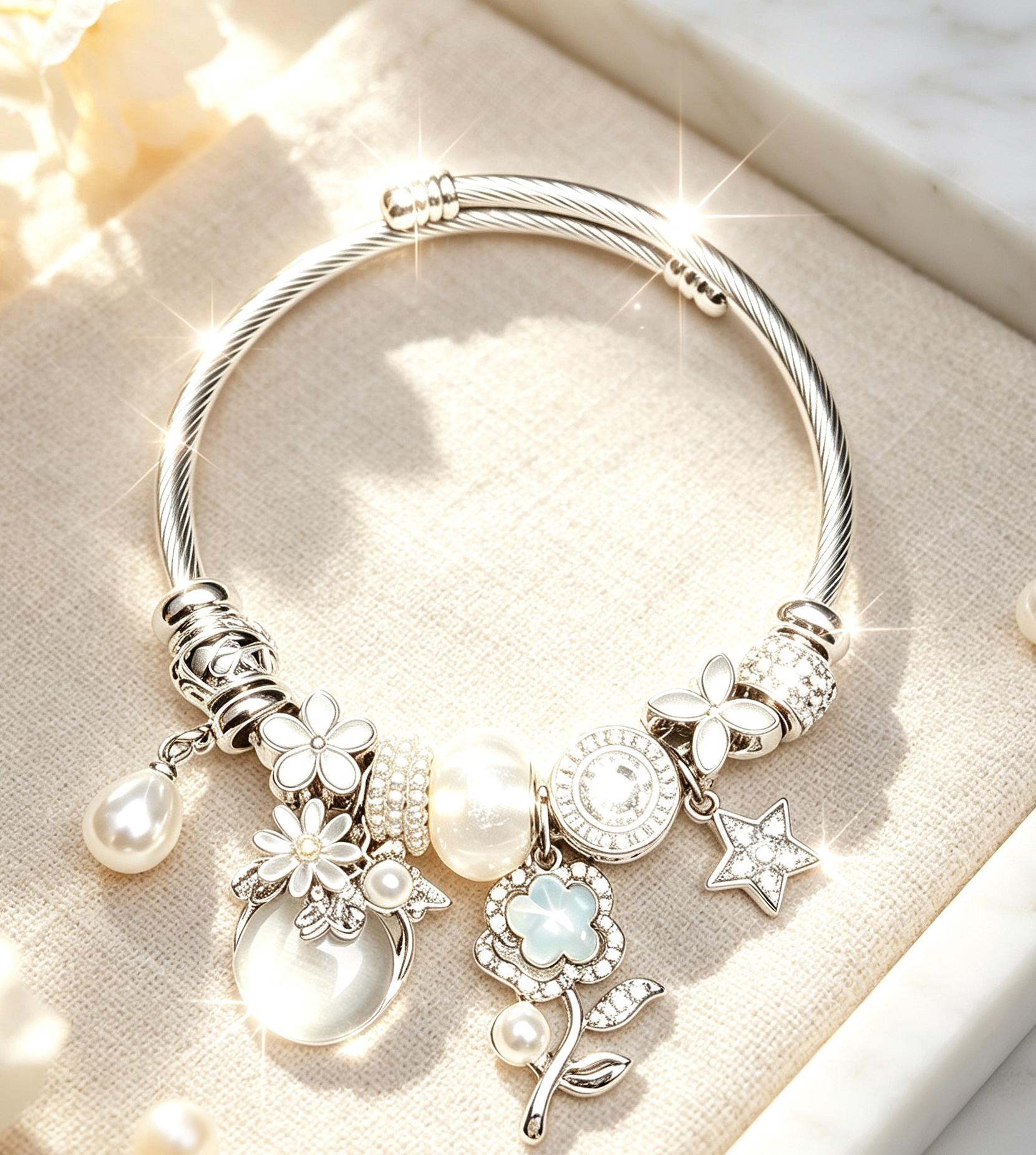 Women's Adjustable Open Cuff Silver Cable Wire Bracelet - Pearl, 4-Leaf Clover, Star, Flower Crystal Charms - Stackable Elegant Jewelry Gift for Daily Party Use