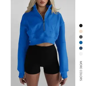 Danedvi Women's Half Zipper Cropped Sweatshirts Casual Long Sleeve Tops With Thumb Hole