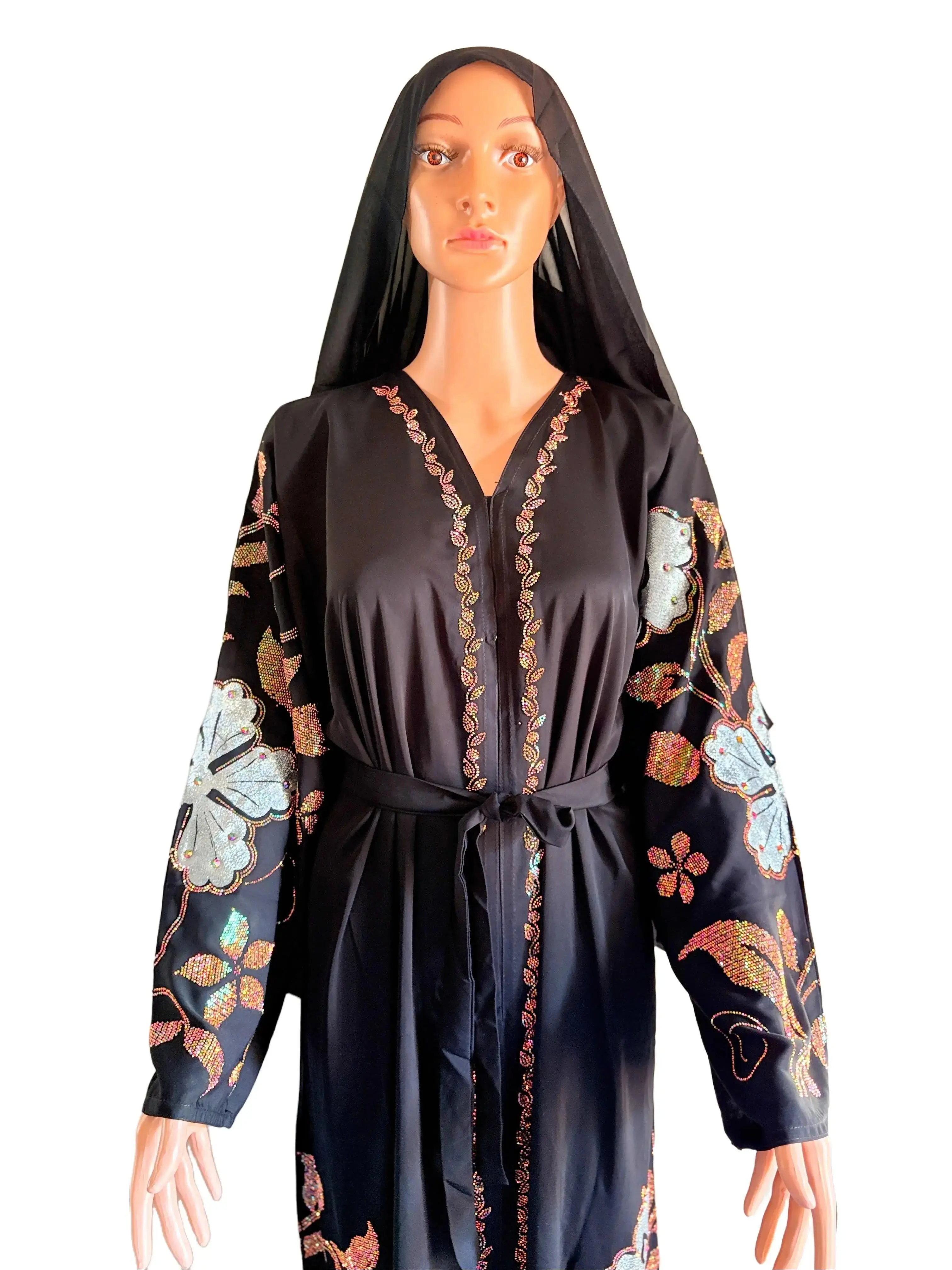 Abaya Light Blue Gold Rihnestone Gold Flower Luxury High Quality Machine Washable Elegant Design Versatile Appeal