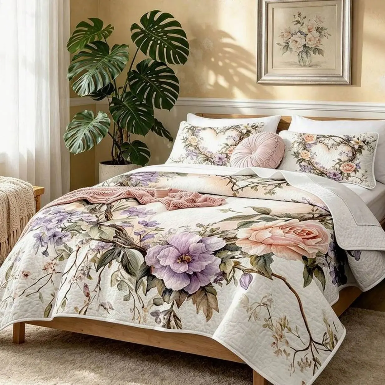 3PCS Boho Botanical Quilt Set, Love Garden Floral Bedspread, Reversible Lightweight Coverlet with Pillow Shams, Farmhouse Bedroom Decor
