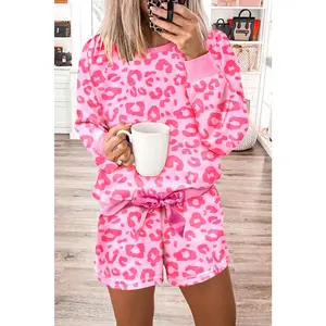Pink Leopard Long Sleeve Top & Satin Tie Shorts Two Piece Shorts Set