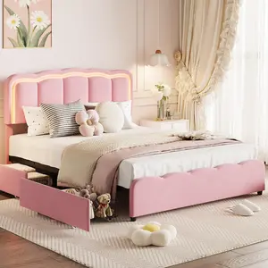 Bed Frame with 2 Storage Drawers and LED Lights, Upholstered Platform Bed with Adjustable Headboard, Wooden Slats Support, No Box Spring Needed, Easy Assembly, for Girls & Boys, Blue/Pink/White,Twin/Full/Queen