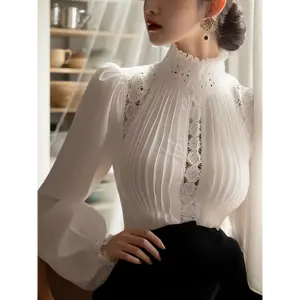 Women's Elegant White Sports Shirt - Lace Trim Ruffled Turtleneck & Bubble Sleeves, Breathable Machine-Washable Top for Casual or Active Wear, Chic Gift for Girlfriend, Casual Elegant Wear | Lace Detail Shirt | Elegant Design, Lace Blouse Minimalist Short