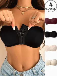 Women's Strapless Push-Up Halter Bra, Simple Fashion, Casual, Front Button Buckle Three Rows Adjustable, No Steel Cup, Padded Seamless, Breathable Fabric