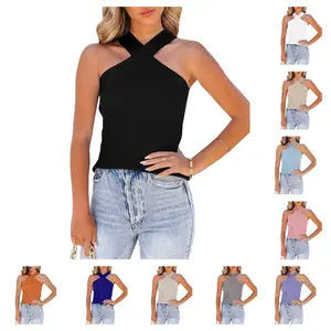 Imily Bela Womens Criss Cross Halter Sweater Vest Tops Summer Sleeveless Pullover Casual Lightweight V Neck Knit Tank Top