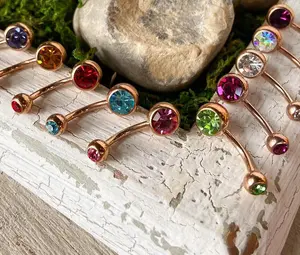 Rose Gold Plated Steel Double CZ Gem Ball Belly Ring Pierced Navel Naval