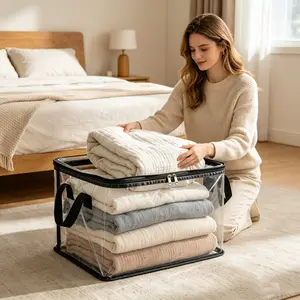 Clear Storage Bin with Zipper & Handles, Waterproof Transparent Storage Organizer for Games, Handbags, Towels, Clothes, Household Supplies, Dustproof Foldable Storage Container for Closet, Bedroom, Bathroom
