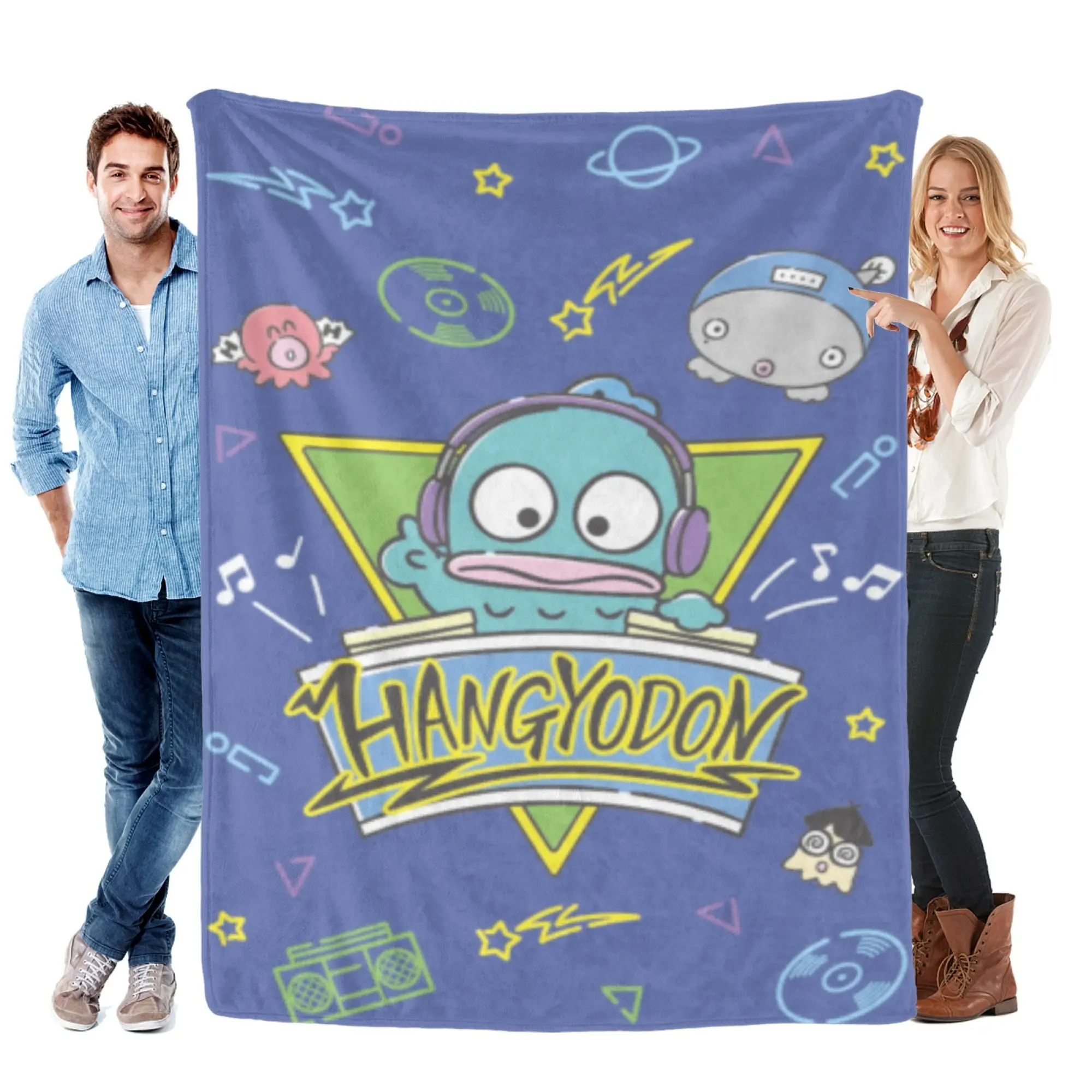 [SummerVibes] SANRIO Hangyodon Retro Music Flannel Blanket, Soft Cozy 2D Print Throw for Couch, Bed, Office & Home Decor