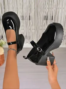 Women's Black French Retro Vintage Block Heel High Heels - 2025 New Autumn Style, Petite-Friendly Elevator Classic Elegant Classy Stylish Mary Jane Leather Shoes