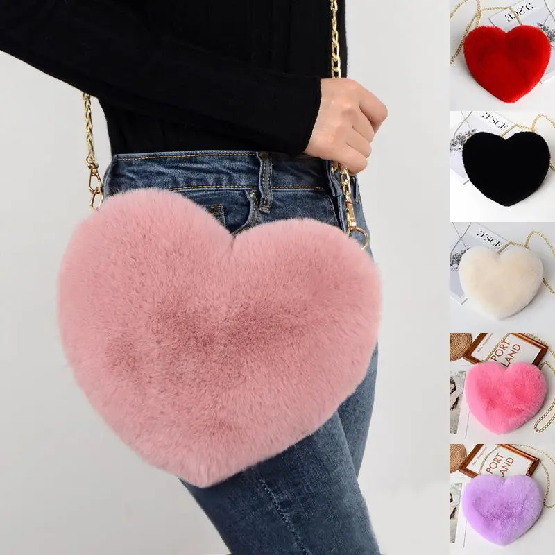 Love Bags For Women Plush Chain Shoulder Bags Valentine's Day Party Bag Heart-Shaped Ultra Soft Plush Fabric Trendy Crossbody Golden Chain Strap Secure Zipper Closure Medium Size 25cm x 20cm Adorable Heart-Shaped Bag Perfect Gift
