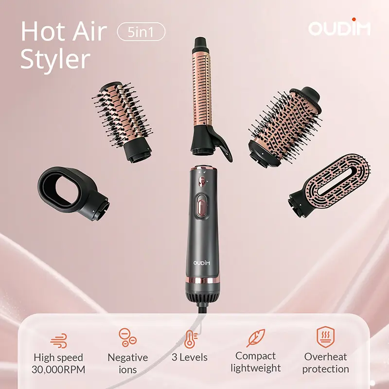 OUDIM 5in1 Hot Air Styler with Negative Ion Tech for Frizz-Free Styling, Ultra-Fast Drying, 3 Temperature Levels, Compact & Lightweight, Ideal for Women, Hair Care Set with Oval & Round Brushes, Curling Iron, Ergonomic Handle, Salon-Quality Results