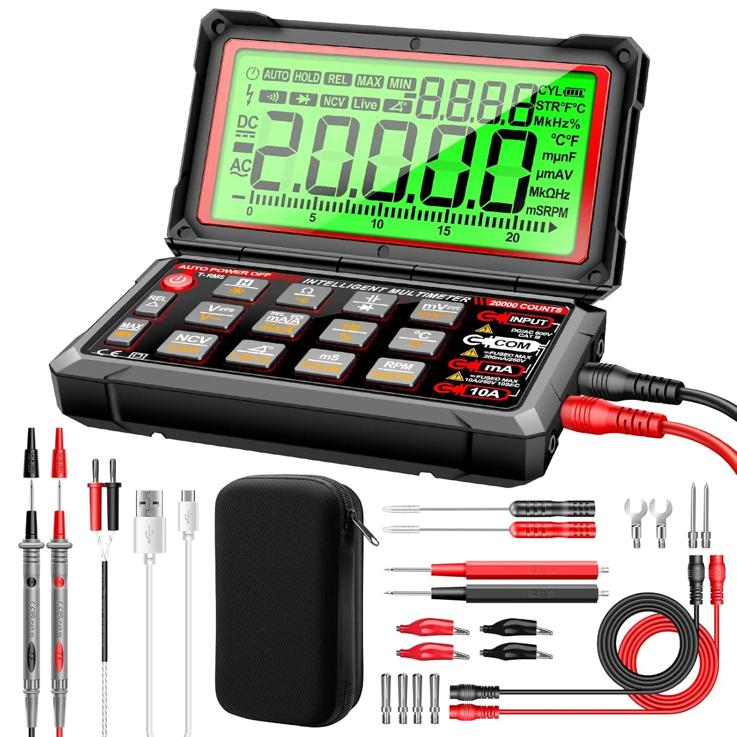 Multimeter,20000 Counts Digital Rechargeable Automotive Engine Analyzer with 300-19999RPM Tach,Dwell Angle,Duty Cycle,AC/DC Current,Voltage,Amp,Ohm,Flip LCD,Data Hold Tester for Car Diagnostics