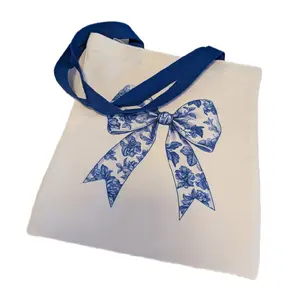 Blue Floral Bow Canvas Tote Bag 13x14in - Classic Design with Floral Print, Ideal for Everyday Use neutral totebag beach essentials