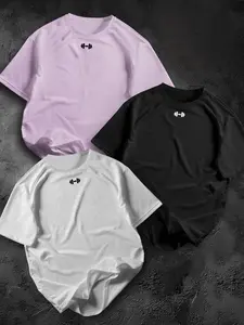 Men's Dumbbell Print Round Neck Short Sleeve T-Shirt 3 Pack, Casual Stylish Comfortable Top for Summer Outdoor Wear, Fitted Style