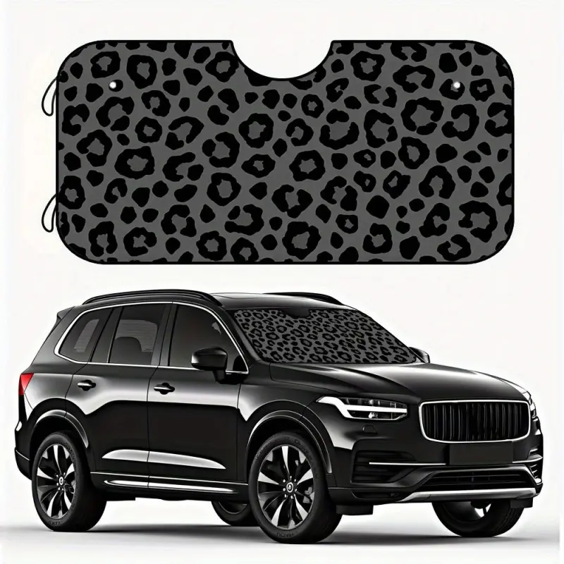 A foldable car sunshade windshield outside with a leopard-patterned grey design, effectively blocking sunlight and heat, perfect for urban environments, parking lots, and holiday road trips, Sun Shades For Car Windows, Sun Cover For Car Windshield