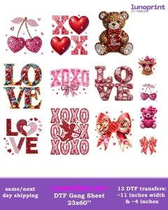 Valentine's Day DTF Gang Sheet: 13 Ready To Press Transfers - 23x60, 9 Big & 4 Small, Full-Color Printing, Same/Next Day Shipping