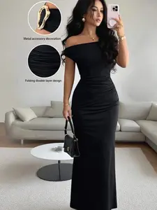 Elegant Ruched Off-Shoulder Metallic Accent Fitted Party Dress For Women Asymmetrical Neck Sleeveless Bodycon Mermaid Hem Black Knitted Fabric - Casual