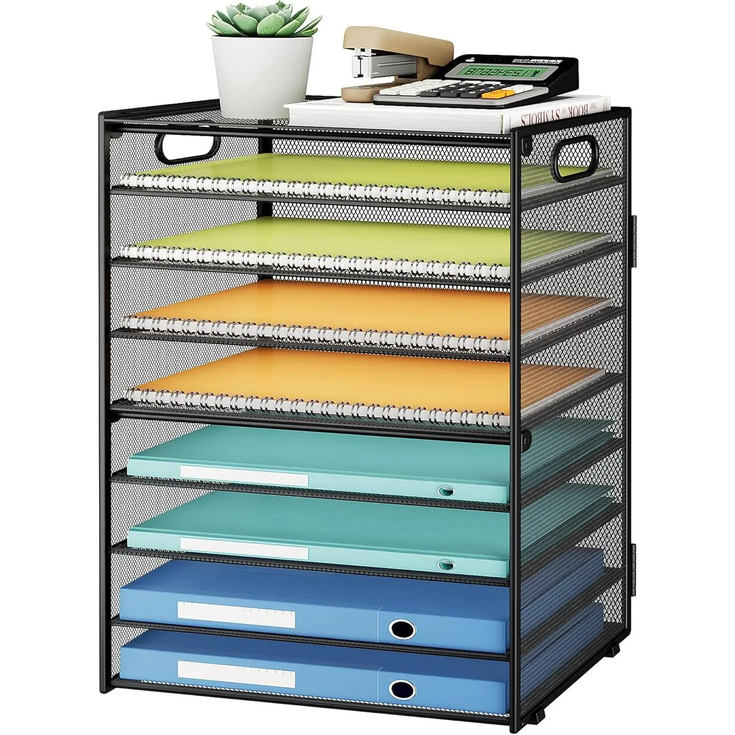 Black Metal Mesh Desk Organizer - 9-Tier File Paper Sorter with 6 Adjustable-Height Sliding Trays, Handles, Steel Frame, 12.6 l x 9.17 w x 16.5 h Dimensions for Office Home Organization