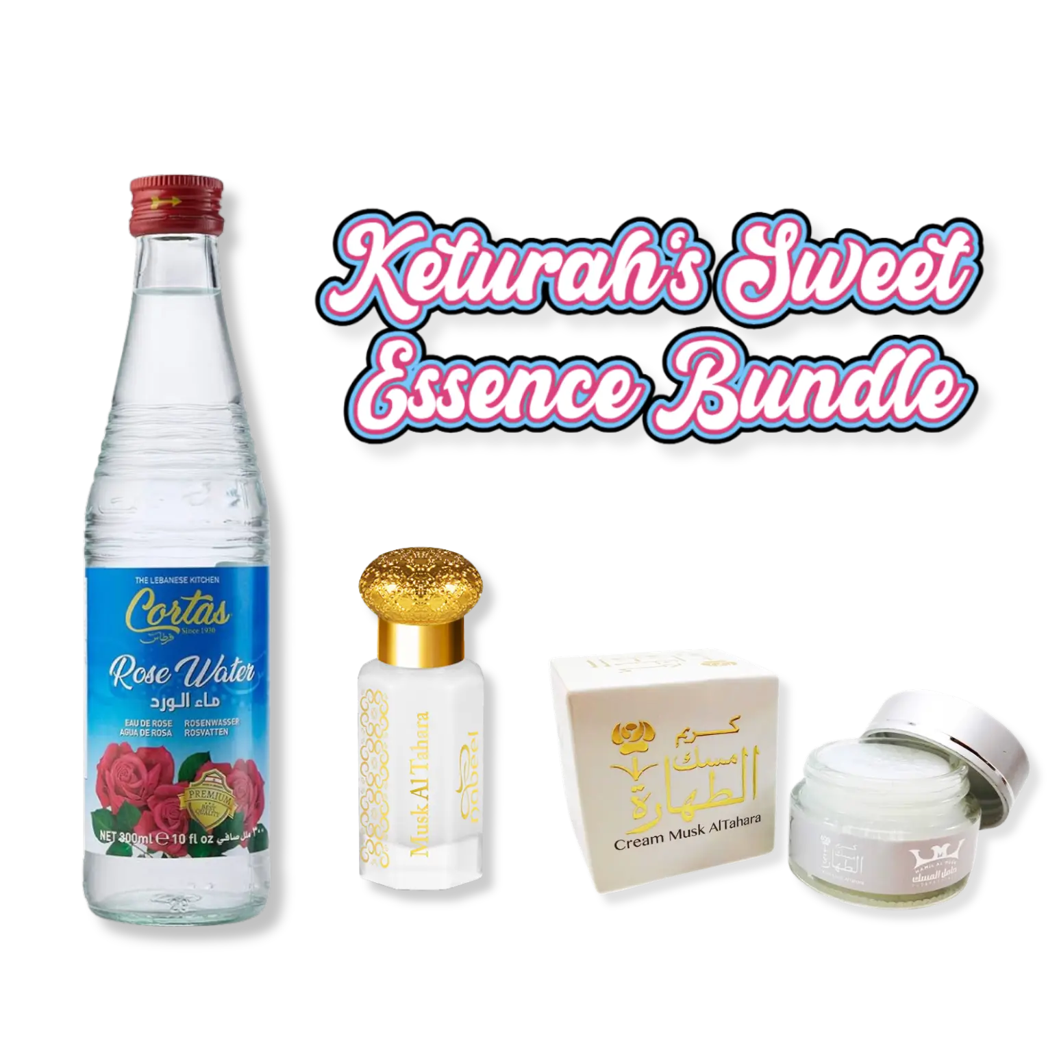 Keturah's Sweet Essence Bundle | Cortas Rose Water + Musk Al Tahara + Musk Al Tahara Cream | Women's Fragrance | 12 ML - 500 ML | Water + Concentrated Oil | Floral - Musk & Honey