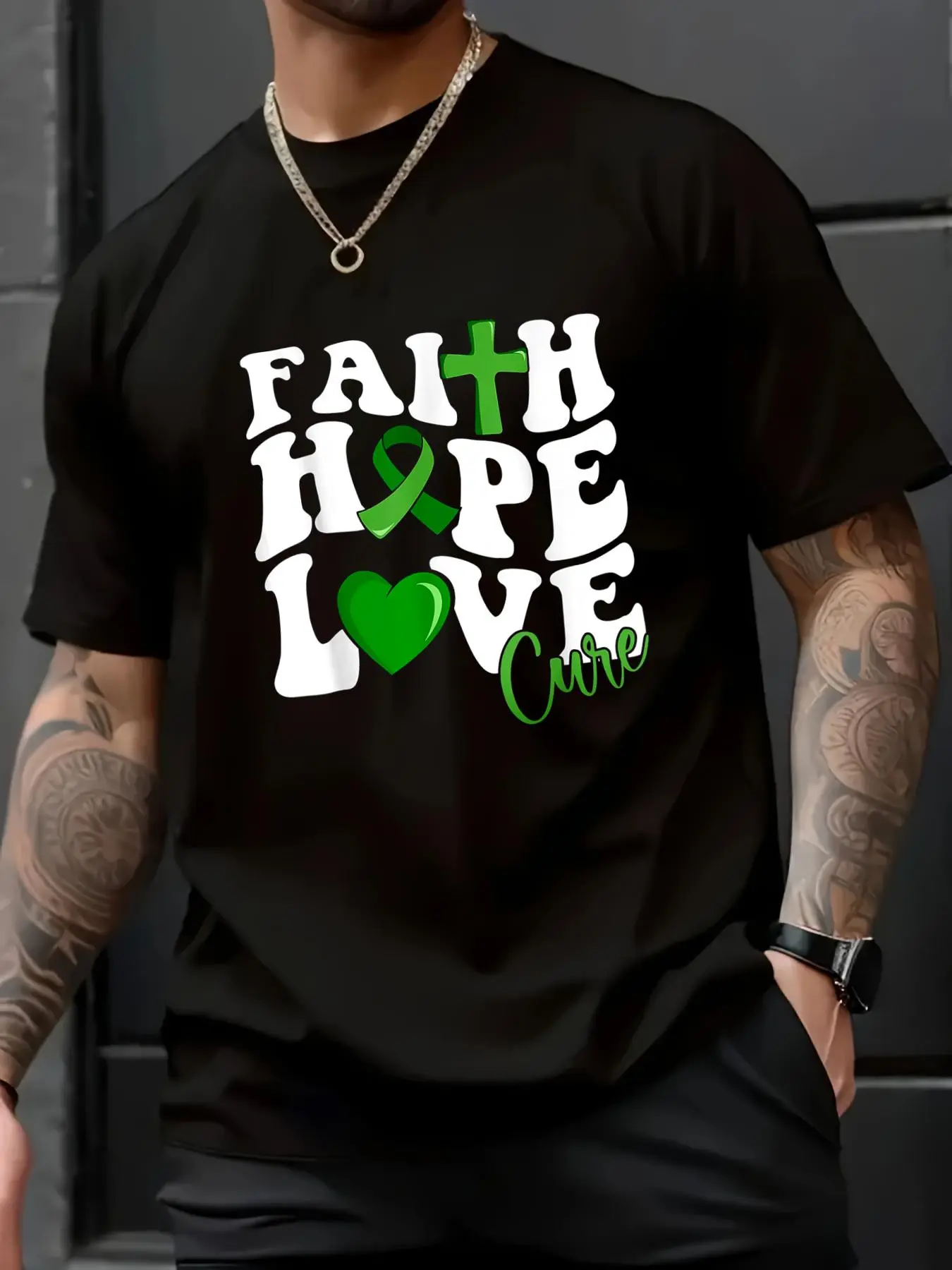 100% Cotton Unisex Faith Hope Love Cure Green Ribbon Liver Disease Warrior T-Shirt , Men's Women's Short Sleeve Tops Crewneck Tshirt