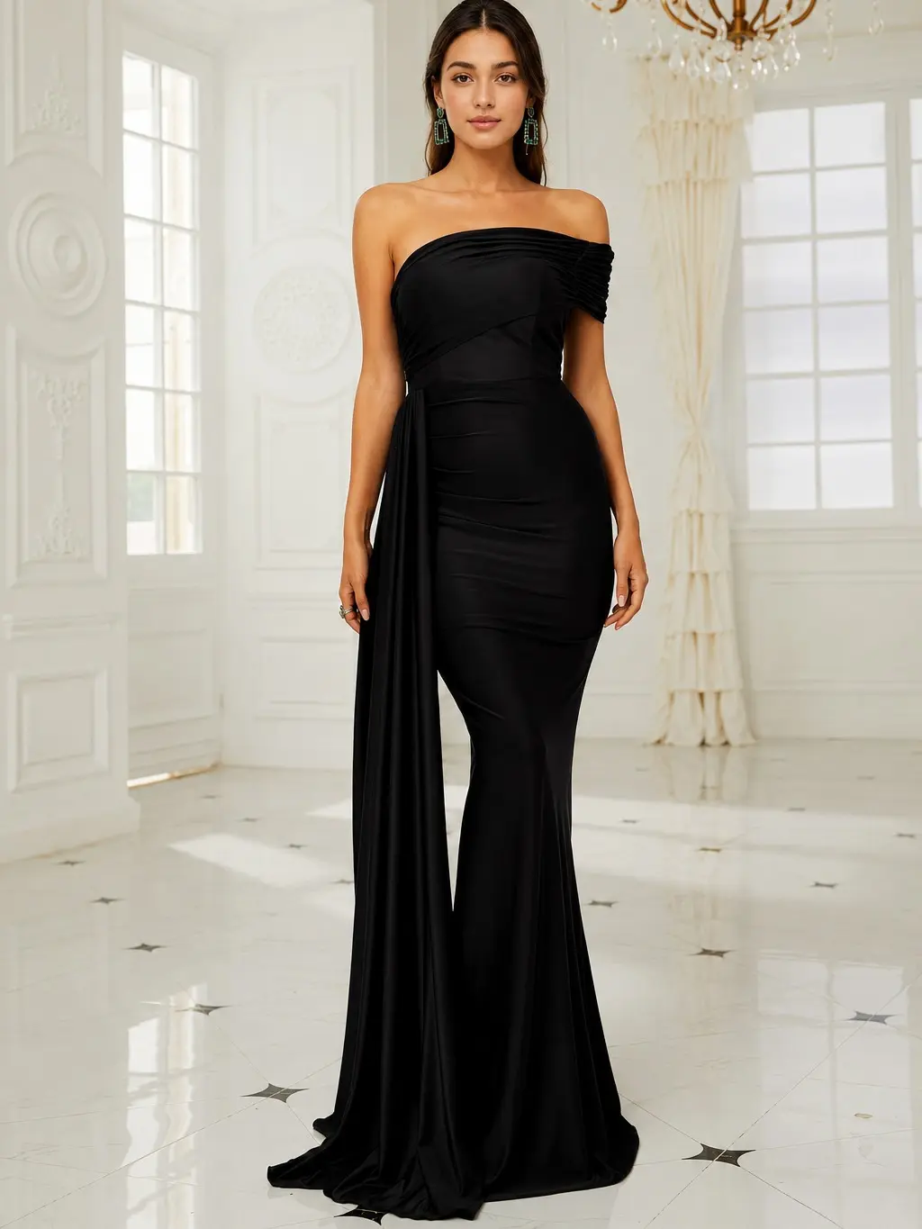 MISSORD Draping Black Dress Elegant Sophisticated Design for Formal Events Weddings Versatile Stylish Black Color Flattering Silhouette Curves Upscale Gatherings Perfect Sleek