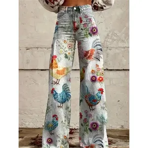 Women's 3D Printed Wide-Leg Jeans Pants - Country Style Imitation Denim with Chicken & Rooster Print, Cowgirl Bell-Bottom Trousers, Machine Washable Loose Fit for Spring/Fall, Western Outfits & Casual Wear