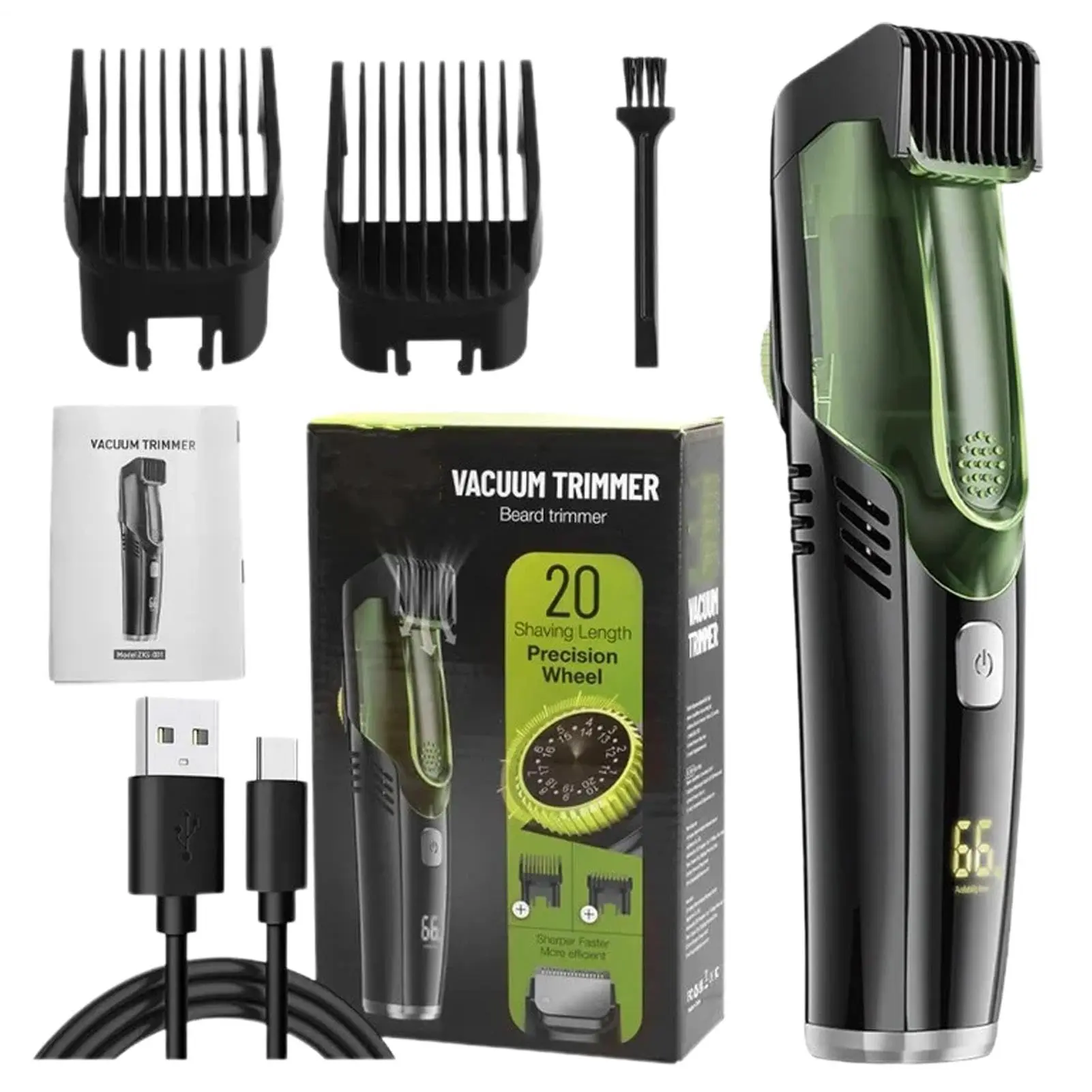 [Men's Gift] Cordless Stainless Steel Adjustable Vacuum Beard Shaver - Built-in Vacuum Trimmer for Mustache, Sideburns, Facial Hair, Waterproof IPX6, Rechargeable 2-in-1 Electric Razor with Storage, Daily, Comb, Plastic